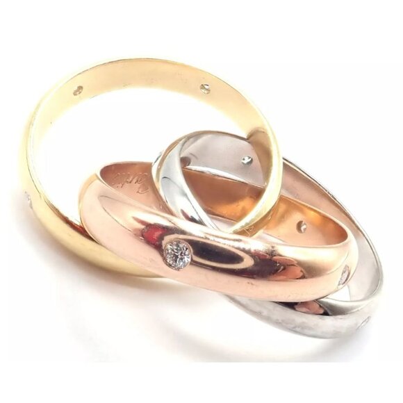 Authentic! Cartier 18k Tri-Color Gold Diamond Trinity Band Ring Size 5.75 Cert. - Picture 8 of 9